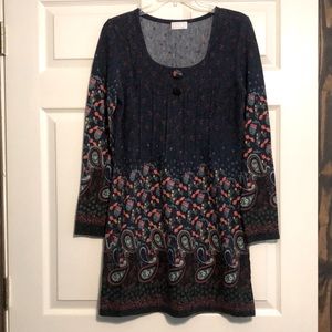 Navy Blue with Paisley Print Wool Dress Large